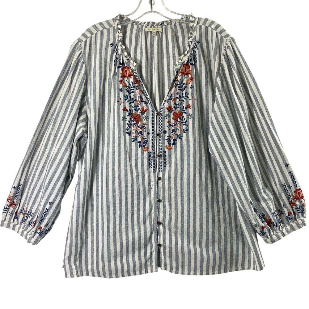 Kate &‎ Sam Womens XXL Embroidered Blouse Boho Striped Casual Button Down Top